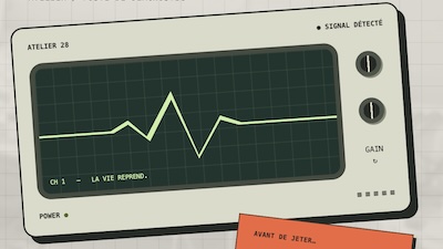 Un oscilloscope marqué Atelier 28 : sur son écran, un tracé plat traversé d'un sursaut, et la mention « la vie reprend »