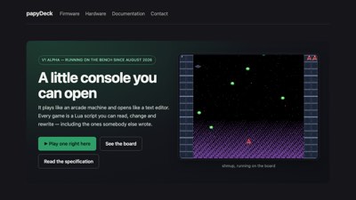 L'accueil de papyDeck : son titre, et un jeu de tir affiché sur l'écran de la console